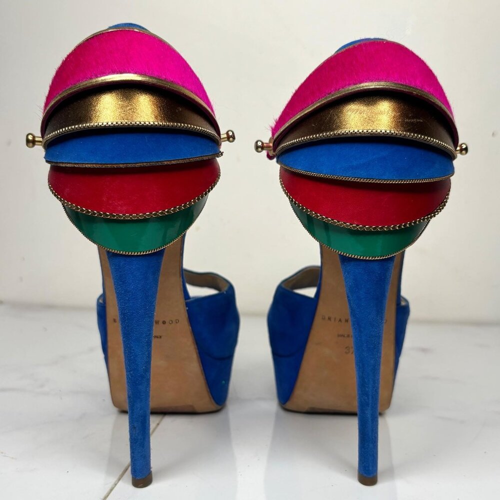 Brian Atwood TRIBECA Cuffed Blue Suede Platform Heels Multicolor Ankle Strap 37 - Picture 2 of 12